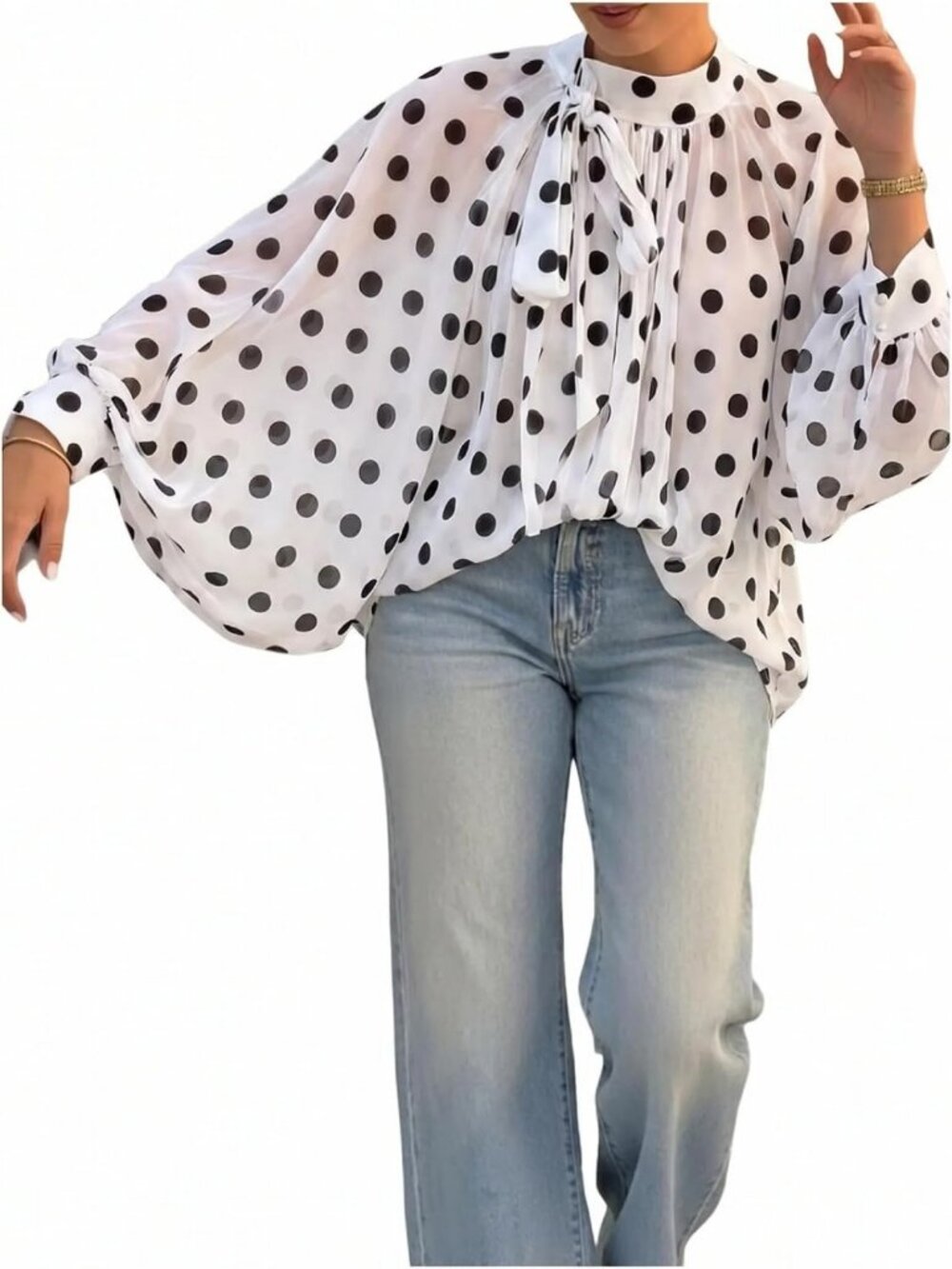 Polka Dot Bishop Sleeve Blouse with Tie Neck - Chic Mesh Top for Women